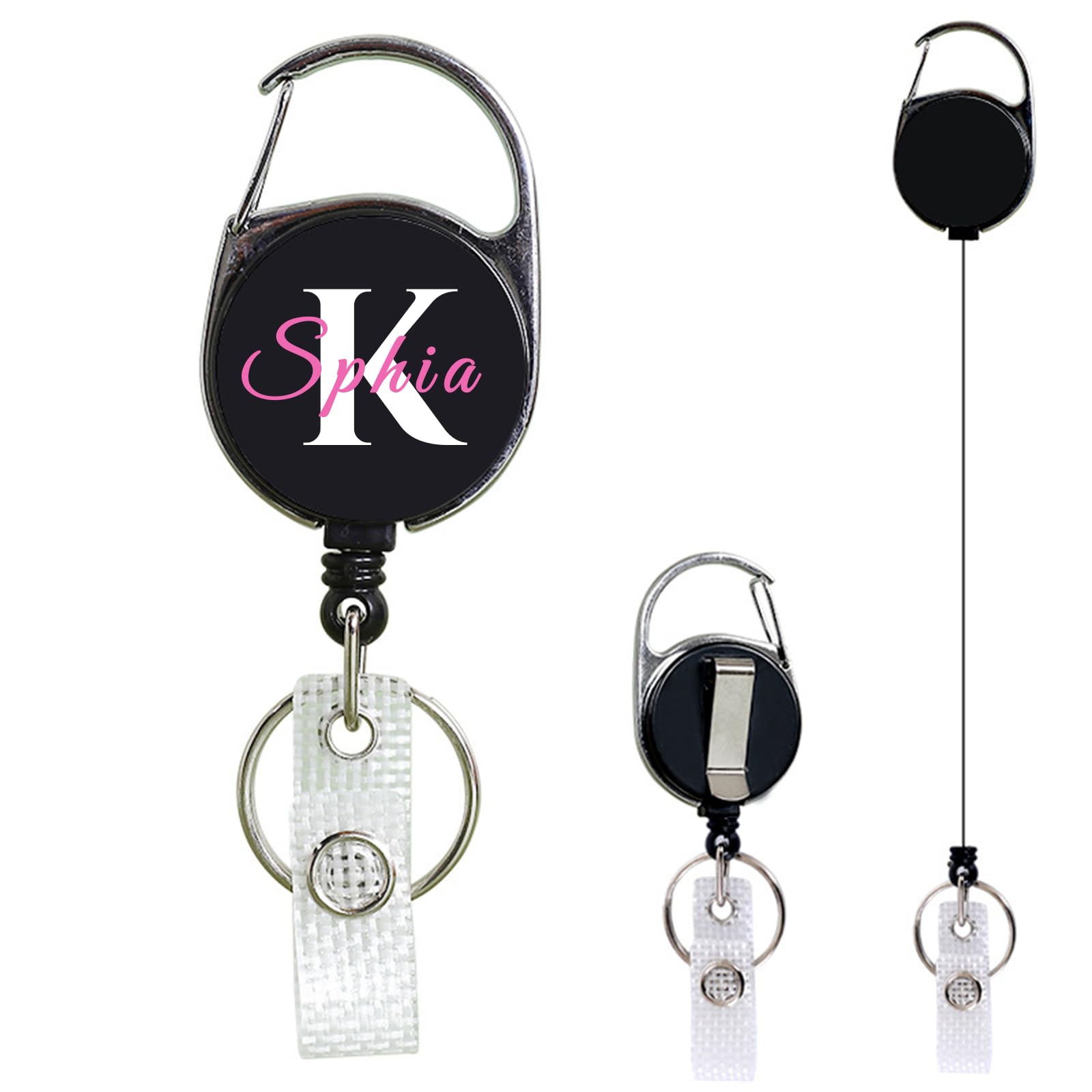 Custom Name Retractable Badge Reels with Carabiner Belt Clip and Key Ring, Personalized Initial Text Monogram for ID Card Holders with 26 Inch Pull