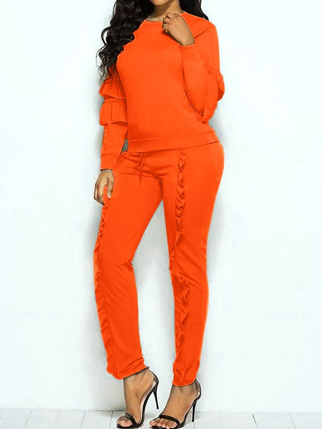 Akmipoem Women's Two Piece Outfits Ruffle Sleeve Sweatshirt and Long Pants Tracksuit Sets - Image 6