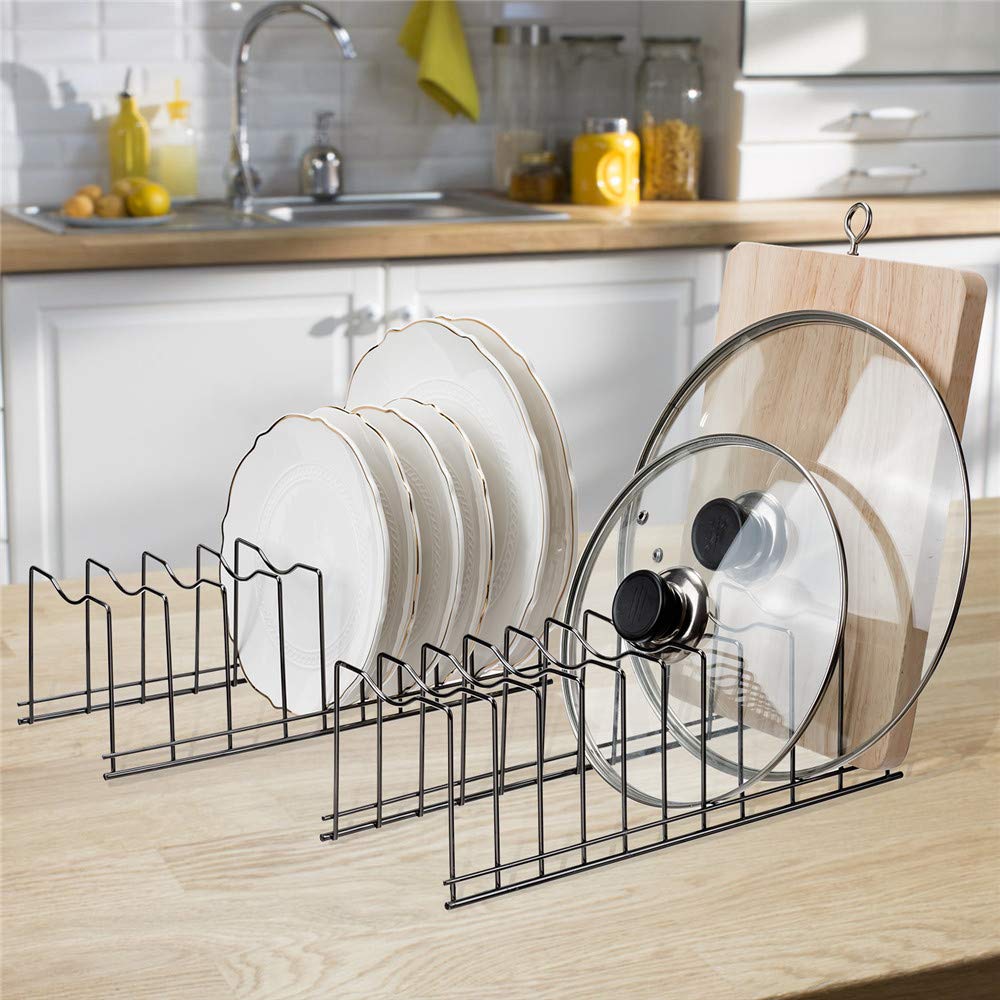SANNO Organizador de cacerola y tapa de pote con soporte para platos, tablas de cortar, utensilios para hornear, refrigeración, ollas y sartenes, bandejas para servir, tapas de soporte, níquel