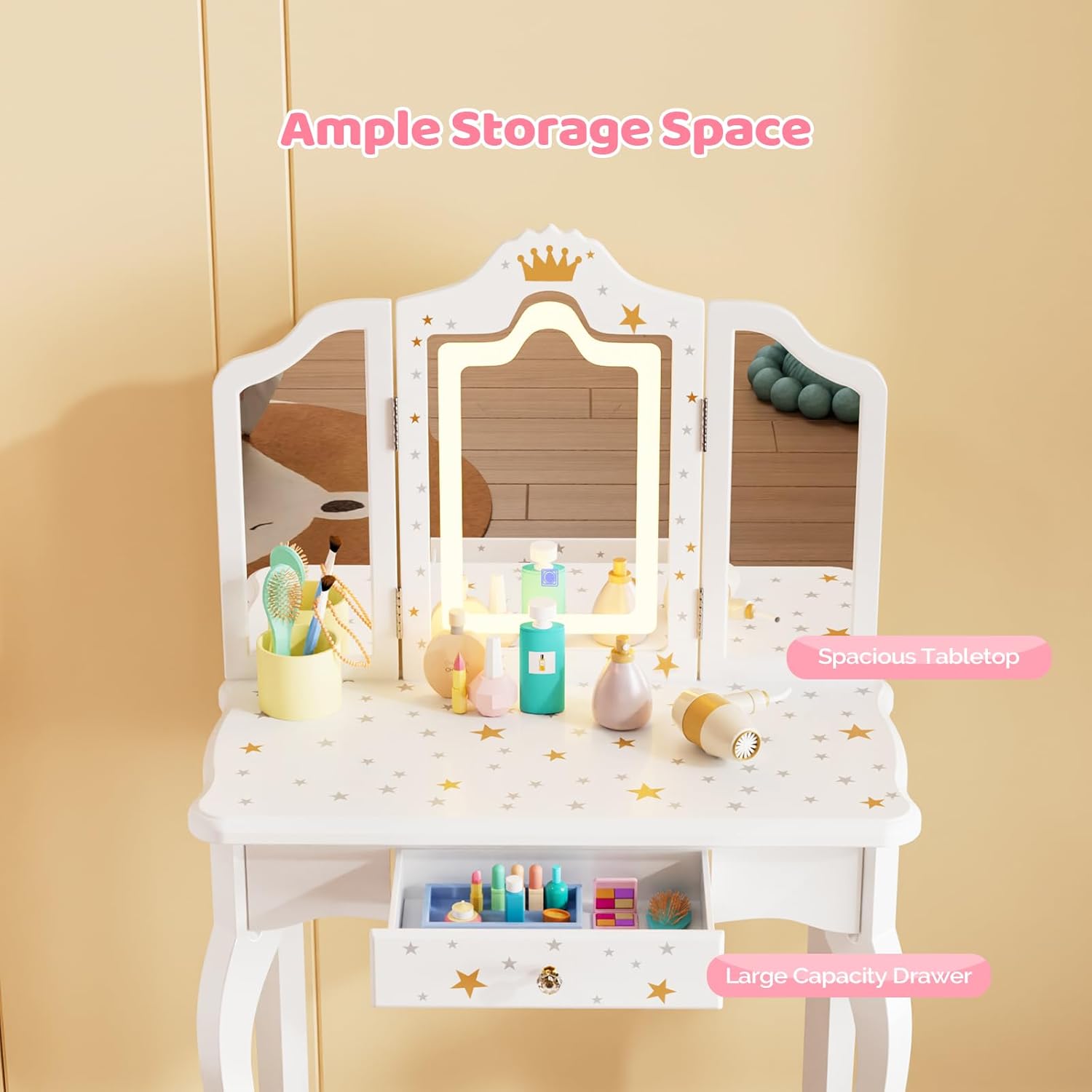 JOYMOR Upgrade Kids Vanity, 2-in-1 Girls Vanity w/Tri-Folding Mirror & Adjustment LED Touch Screen, 1 Drawer, Kids Vanity Set with Mirror Age 4-9 (White)