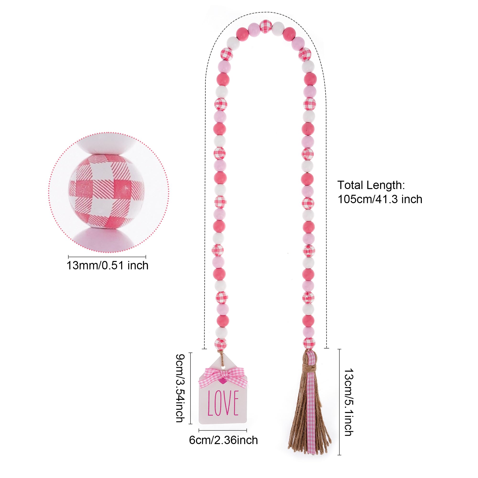 Valentine's Day Wood Bead Garland – Rustic Red Pink White Farmhouse Decor With Tassel Tags For Tiered Tray Or Wall
