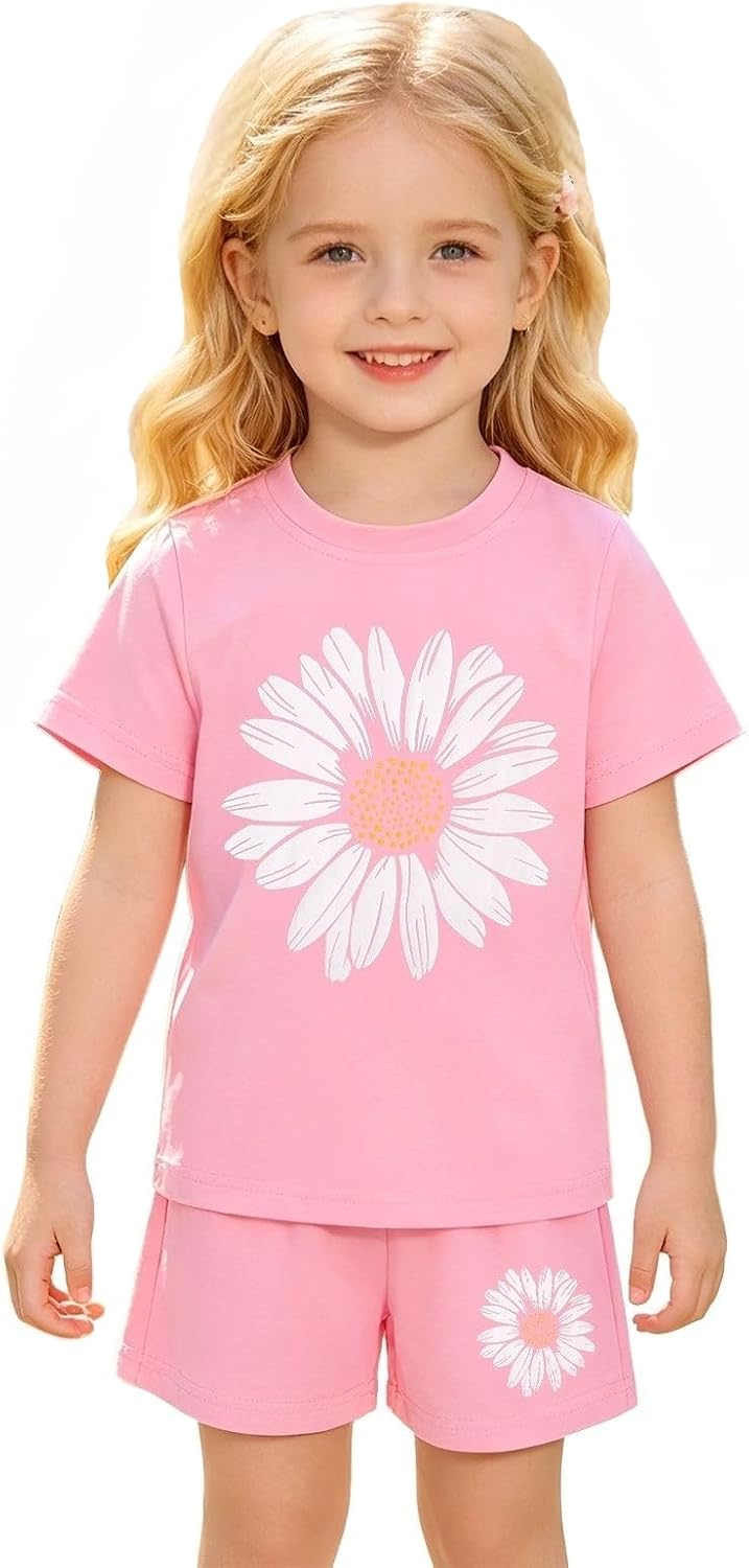 Toddler Girl Daisy Flower Summer Outfit Cute Floral T-Shirt+Shorts Set Kids 2 Piece Matching Clothes for Girls 2-8Y