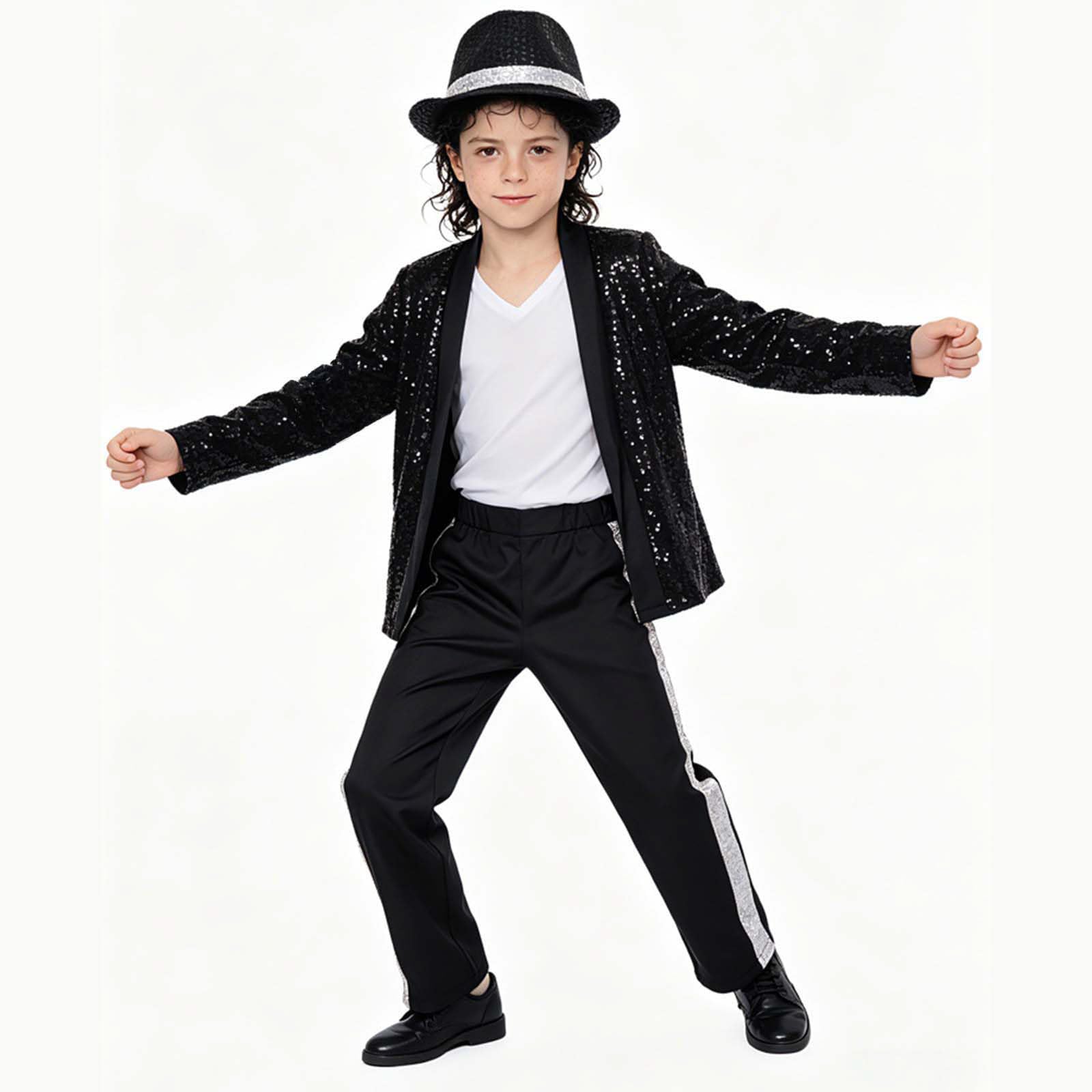 Genérico Traje de Estrella Niño 4 12 Años Conjunto de Baile con Chaqueta Lentejuelas Negra Sombrero y Guantes Estilo Años Disfraz la Música Niño Disfraces Cantante para y Halloween Sombrero Guante