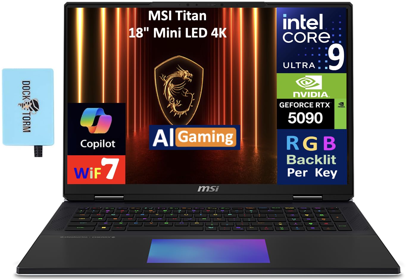 msi Titan 18 HX AI Gaming Laptop 18" 120Hz Mini LED 4K Display (Intel Ultra 9-285HX, GeForce RTX 5090 24GB, 64GB DDR5, 3x2TB SSD (6TB), 2 Thunderbolt 5, Copilot, Win 11 Pro) w/DKZ USB Port Expander