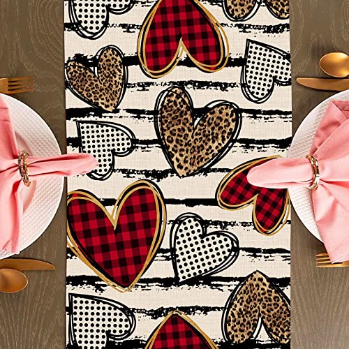 Seliem Valentine’s Day Black Stripe Love Heart Table Runner, Buffalo Plaid Check Polka Dot Leopard Scarf Home Kitchen Decor, Wedding Anniversary Farmhouse Burlap Dining Decoration Party Supply 13 X 72 #TOP2