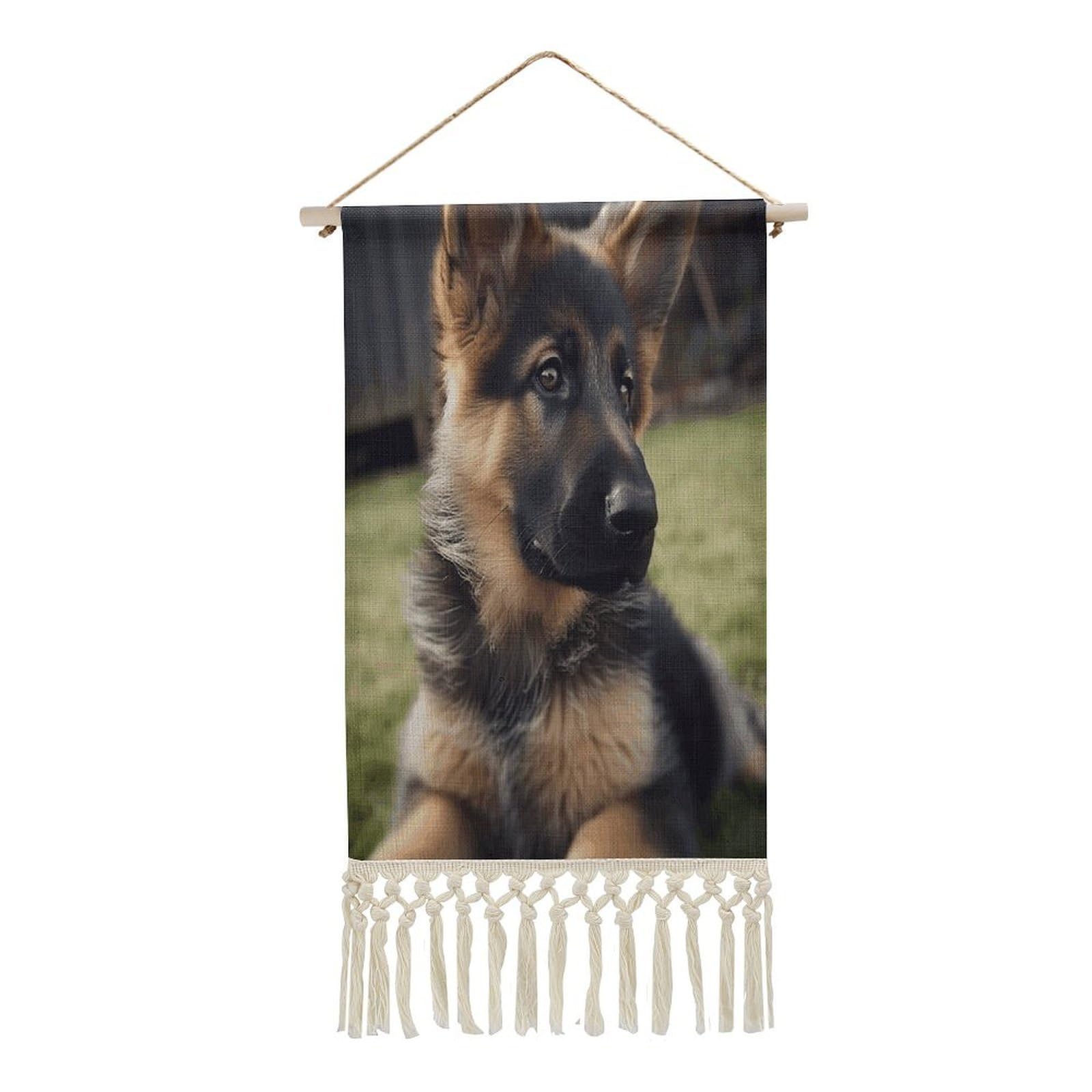 VstaDank German Shepherd Puppy Wall Art Decor with Tassels 20"x10" Cotton Linen Hanging Tapestry Decor Wall Art Prints Wood Frame Boho Wall Art Poster for Bedroom Living Room Office