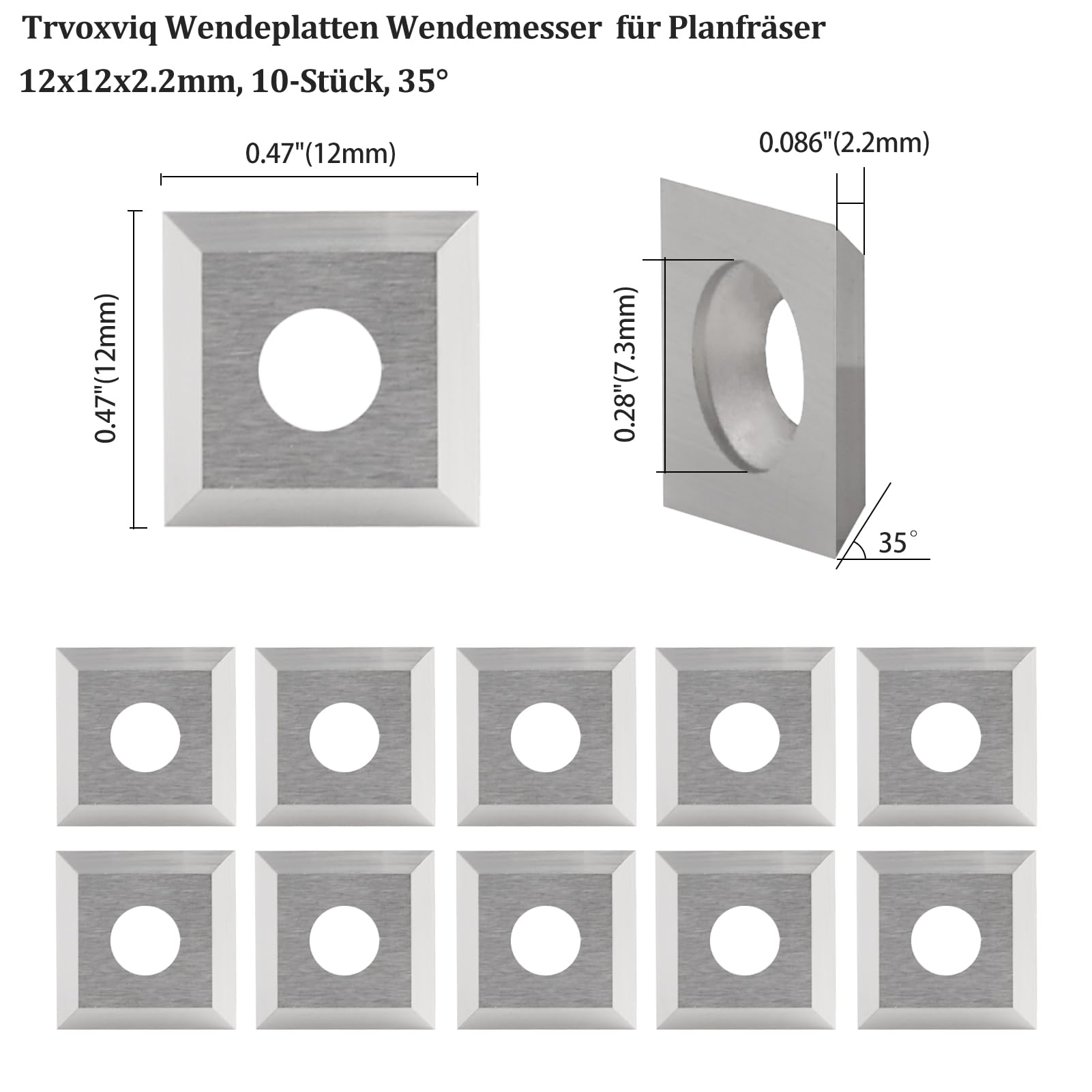 Lame reversibili, 10 pezzi, lame di ricambio (12 x 12 x 2,2 mm, 35°), inserti in metallo duro affilati lateralmente, in metallo duro sostituibile (HW) per frese per utensili per tornitura