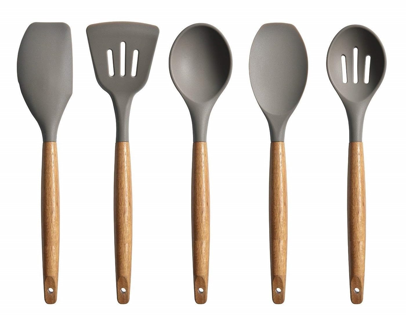 Kitchen Utensils Set Non-Stick Silicone Cooking with Authentic Acacia Wood Handles - 5 Piece Utensil 464°F Heat Resistance Natural Hard Handle, BPA Free, Baking & Serving Utensils- Grey