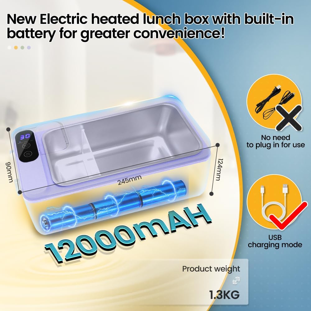 Cordless Electric Heated Lunch Box, 1L, Purple, Battery Powered, Adjustable Heating Time, Comes with Tableware and Insulated Bag, Used for Trucks, Camping, Offices - Image 2