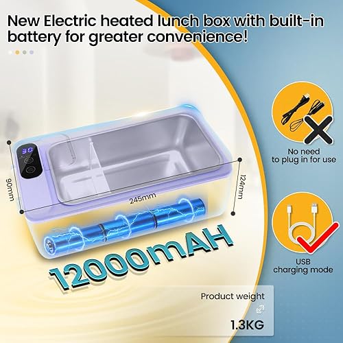 Miniatura 2 de Lonchera eléctrica inalámbrica con calefacción, 1 litro, color morado, funciona con pilas, tiempo de calentamiento ajustable, viene con vajilla y