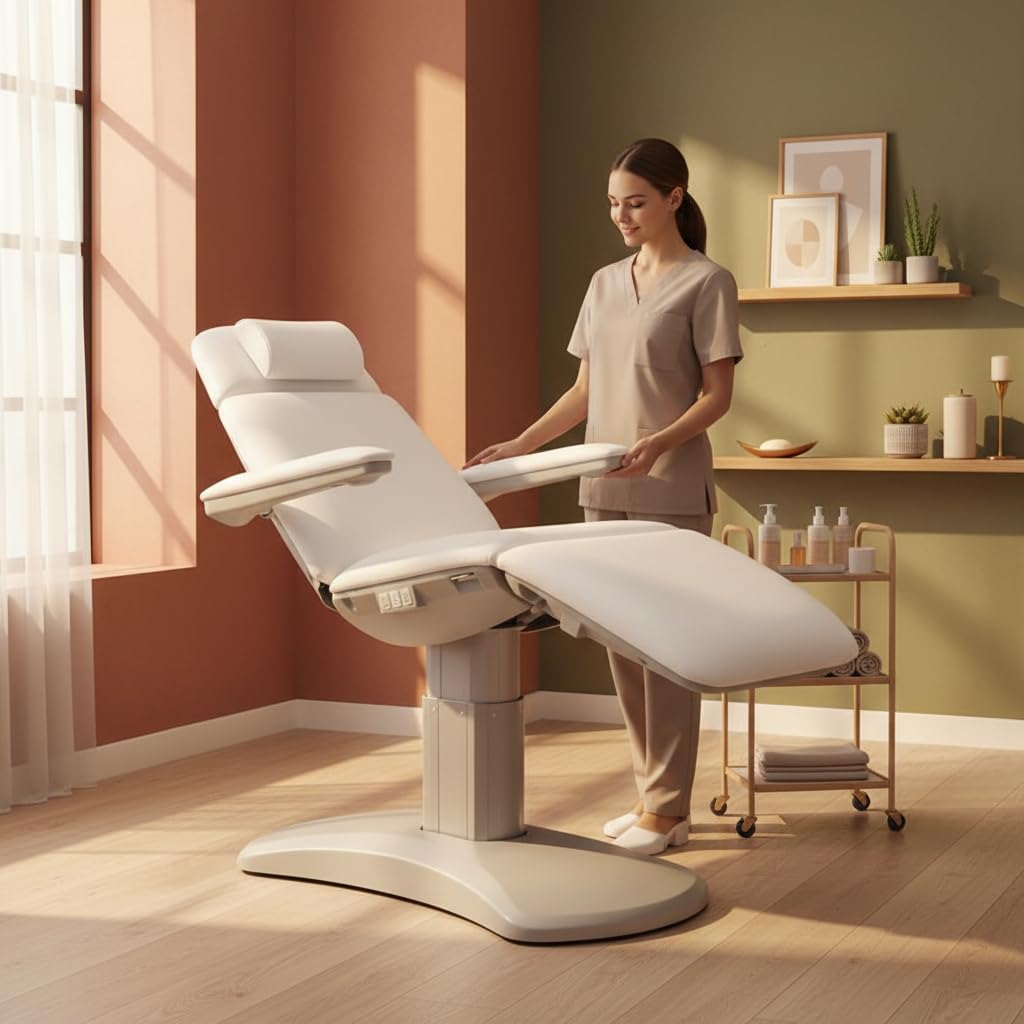 PLUS SANTE - Fauteuil de Soins Électrique Bliss, Polyvalence et Praticipé 4 Moteurs, PU Blanc, Hauteur Réglable 67-88 cm (PEDALE)