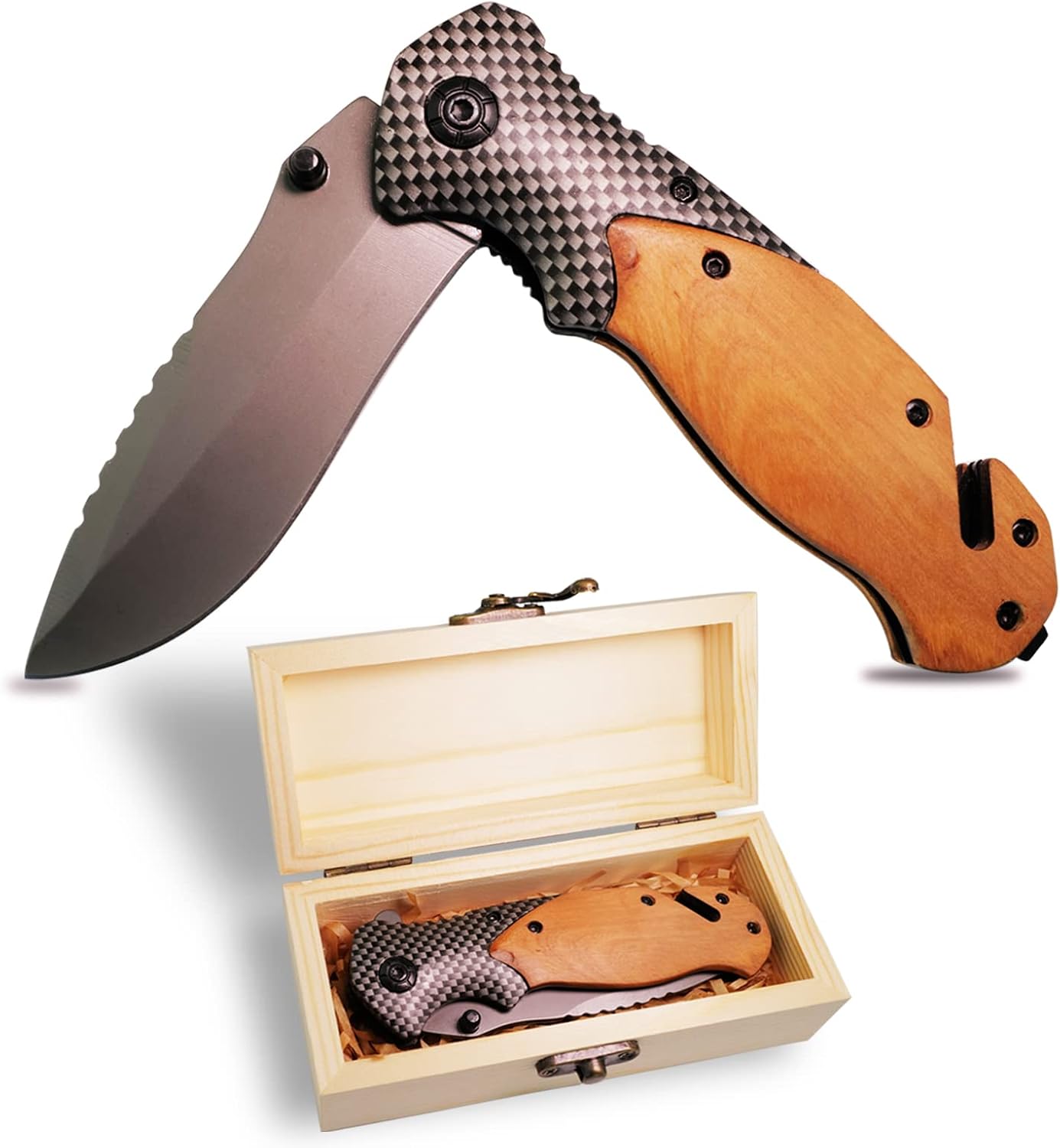 Pocket Knife for Men with Wood Gift Box Case Set, Tactical