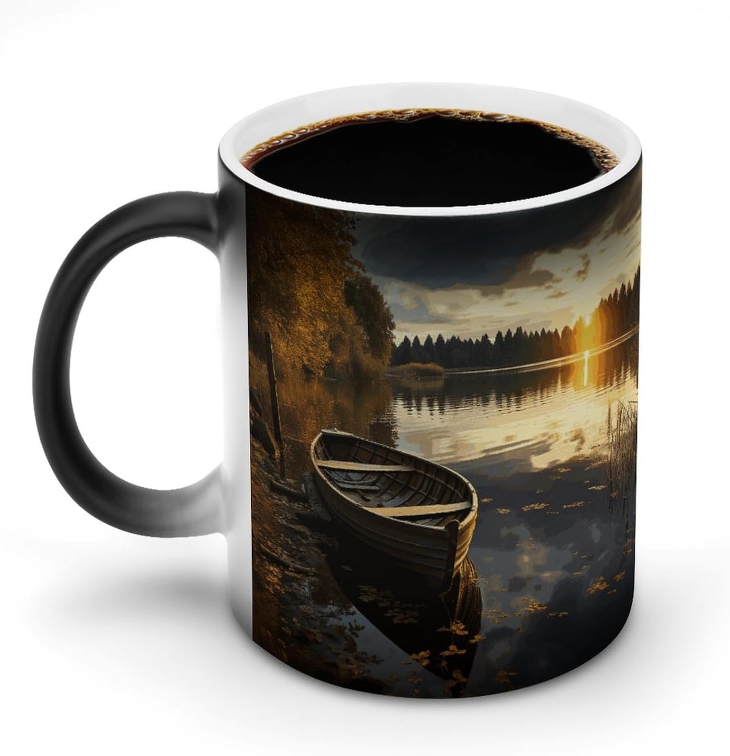 Color Changing Mug Boat at Lake Shore Printed Ceramic Coffee Mug Heat Changing Sensitive Mug Magic Heat Changing Coffee Mug Novelty Coffee Mugs