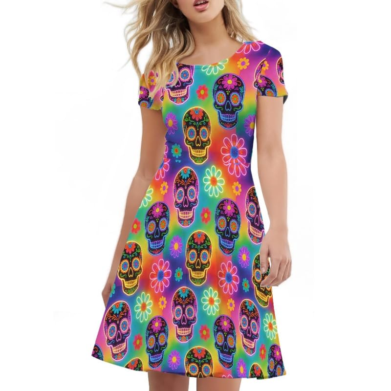 Image of Irisjudy T Shirt Dress for Women Short Sleeve Girls Short Sleeve Dress Plus Size, O Neck Knee Length Midi Dress for Ladies