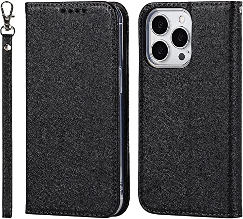 Étui iPhone 14 à rabat en cuir PU noir avec porte-cartes et dragonne