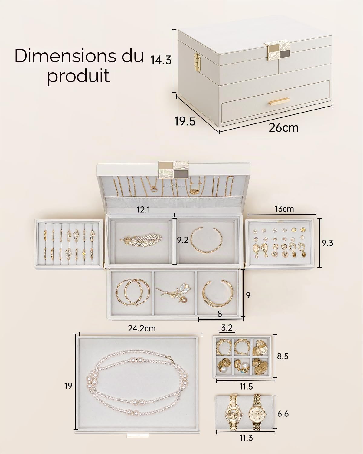 VLANDO Boîte à bijoux grande pour femmes - Organisateur de bijoux avec plateau coulissant - Boîte à bijoux avec tiroir pour colliers, bagues, bracelets, boucles d'oreilles - Pour mères et filles