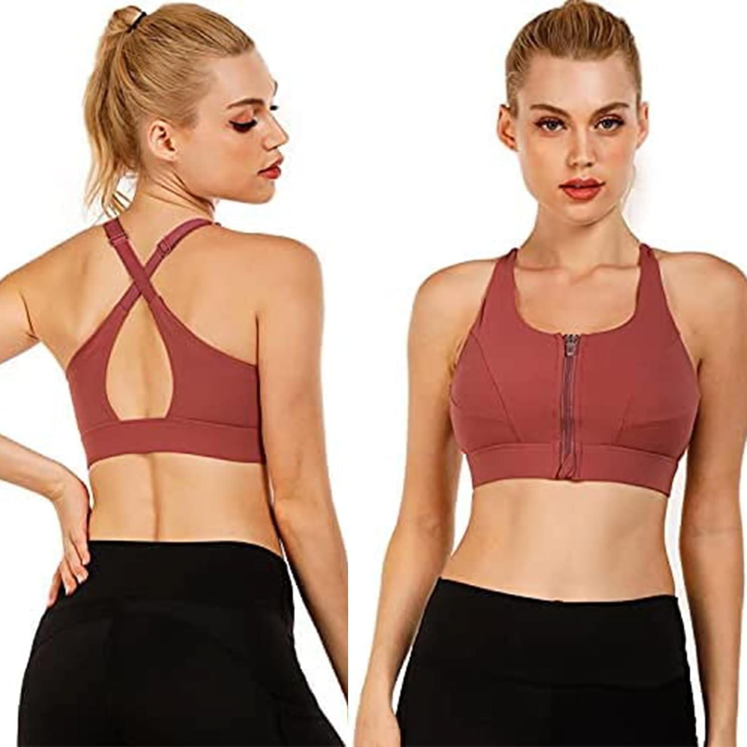 Cordaw Zip Front Sports Bra Adjustable Straps High Support Medium Impact Zipper Front Hook Running Bra Crisscross Padded