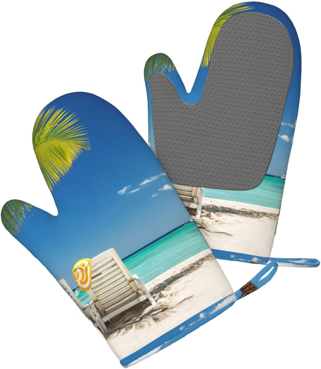 Beach Palm Tree Chairs Boats Oven Mitts and Pot Holders Set of 4 Heat Resistant Kitchen Gloves with Silicone Palm Hot Pads for Baking Cooking Grilling BBQ