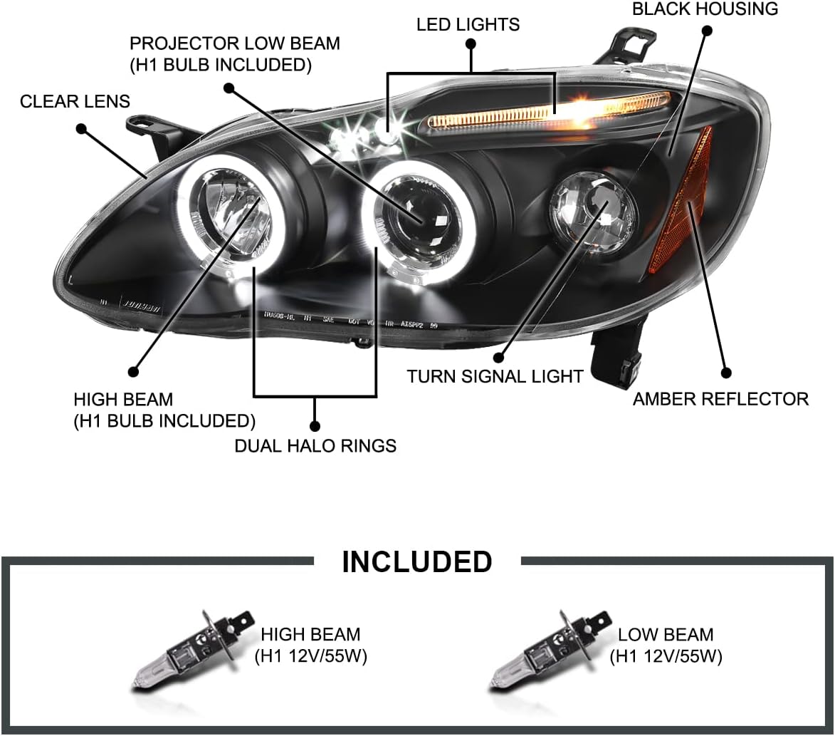 SPEC-D TUNING Dual Halo LED Black Projector Headlights Compatible with 2003-2008 Toyota Corolla, Left + Right Pair Headlamps Assembly