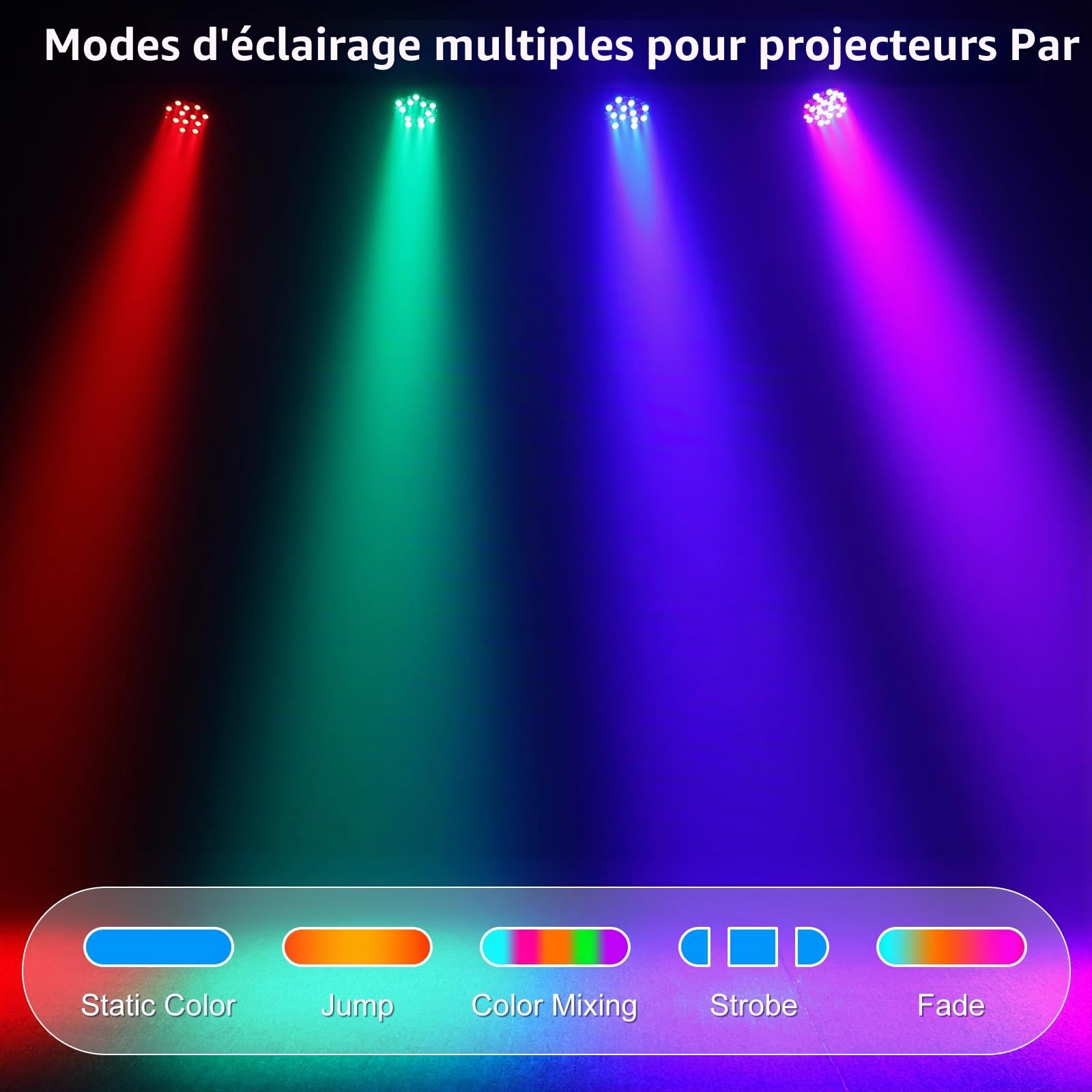 4 PCS RGB 36 LED Lumiere Par, 36W Lumiere de Scene avec Télécommande et 4 Modes de Contrôle, Par LED Eclairage Scene pour Noël Halloween Disco Show Concerts Party