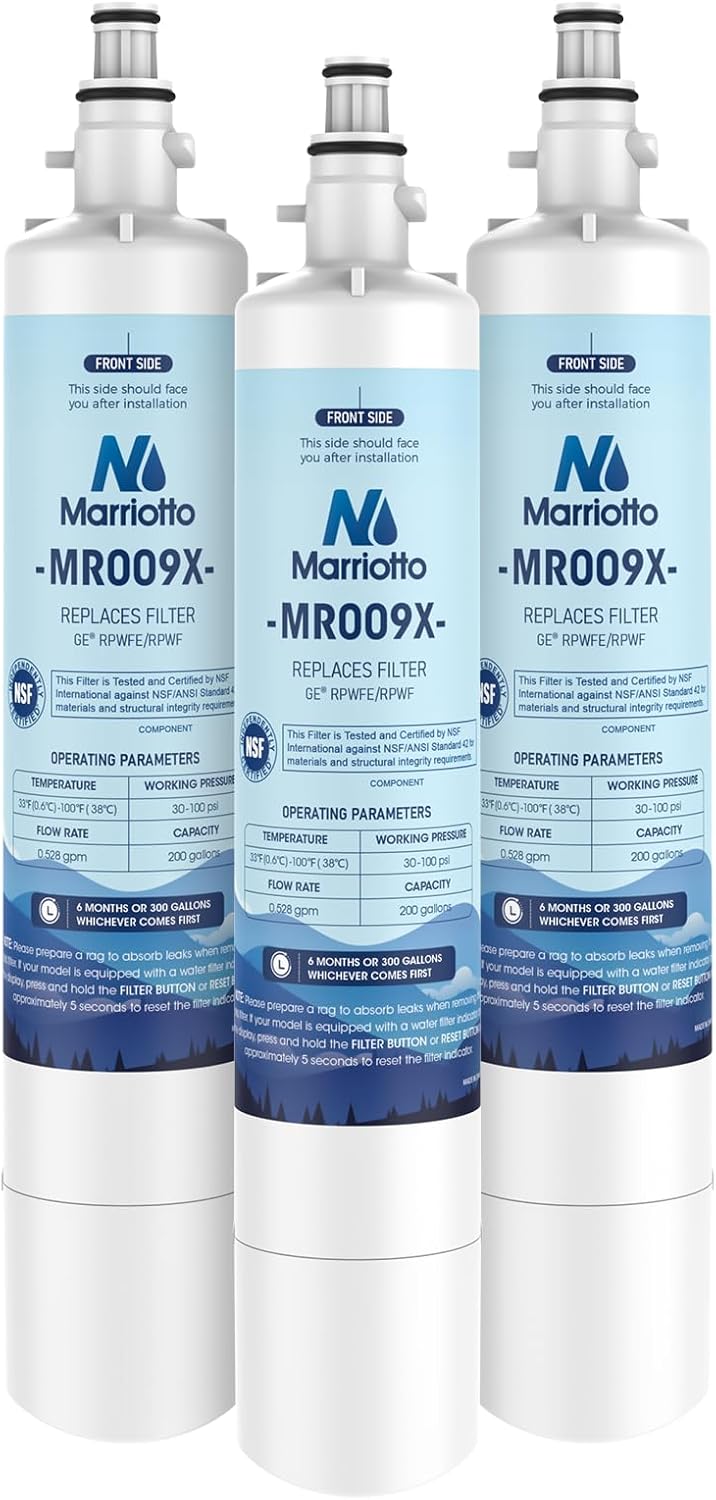 MARRIOTTO Replacement for GE® RPWFE, RPWF (Built-in CHIP) Refrigerator Water Filter, Compatible with GFE28GELDS, PFE28KELDS, PFE28KYNFS, GFD28GELDS, GYE22HMKES, GFE28GYNFS, GFD28GYNFS, Pack of 3 MARRIOTTO Replacement for GE® RPWFE, RPWF (Built-in CHIP) Refrigerator Water Filter, Compatible with GFE28GELDS, PFE28KELDS, PFE28KYNFS, GFD28GELDS, GYE22HMKES, GFE28GYNFS, GFD28GYNFS, Pack of 3