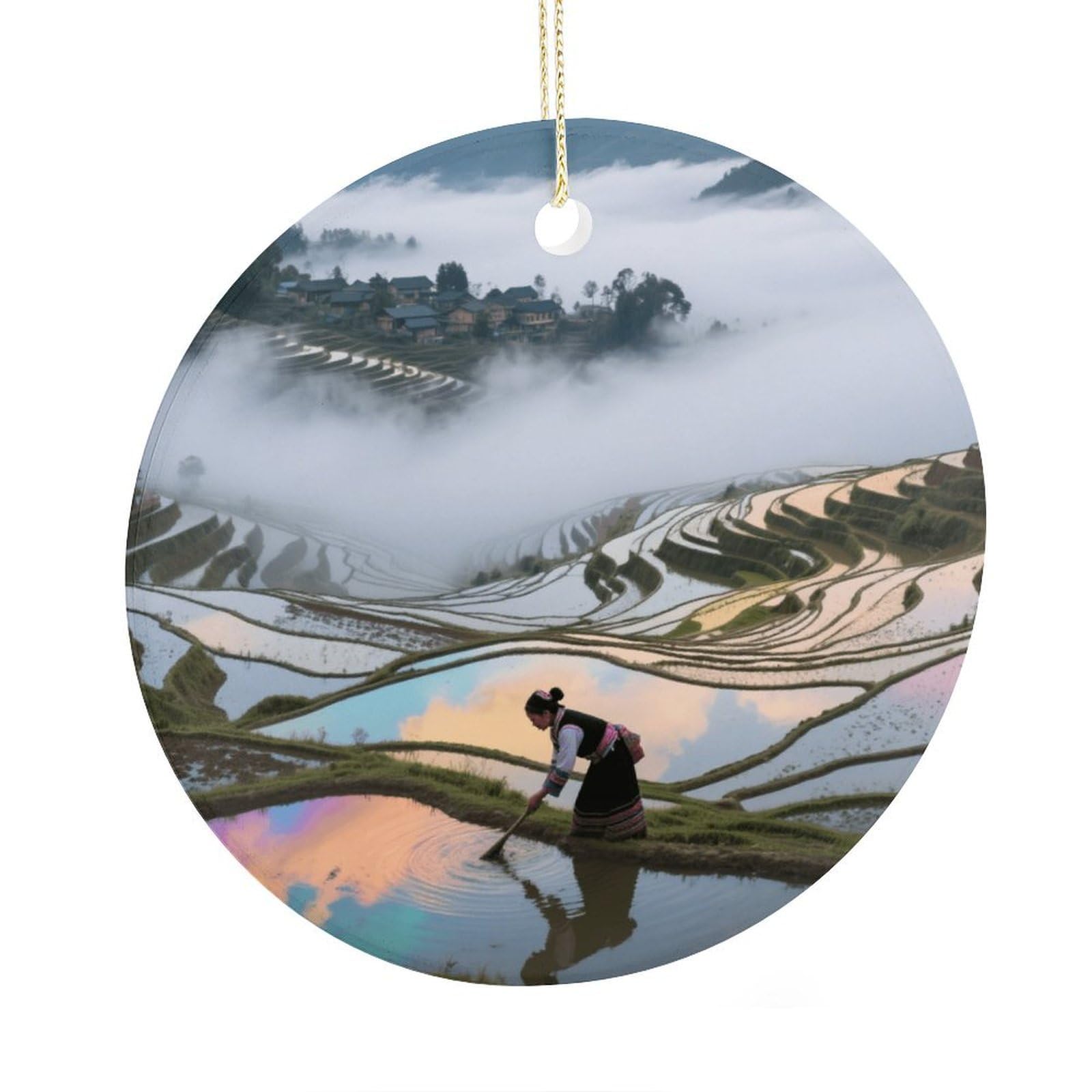 Fekiloot Style Hani Terraces And Sea Of ​​Clouds Christmas Ornaments 2.9 Inch Round Ceramic Ornament Keepsake Thank You Gifts For Office, Room, Home - Holiday Present Ideas