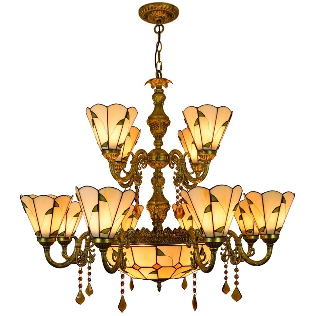 FYZDLAOR 12+1-Light Chandelier,with Vintage Leaf Pattern Lampshade Pendant Light Light Fixtures,Tiffanystyle Stained Glass Hanging Light Wide 36 Inch with Crystal Pendant