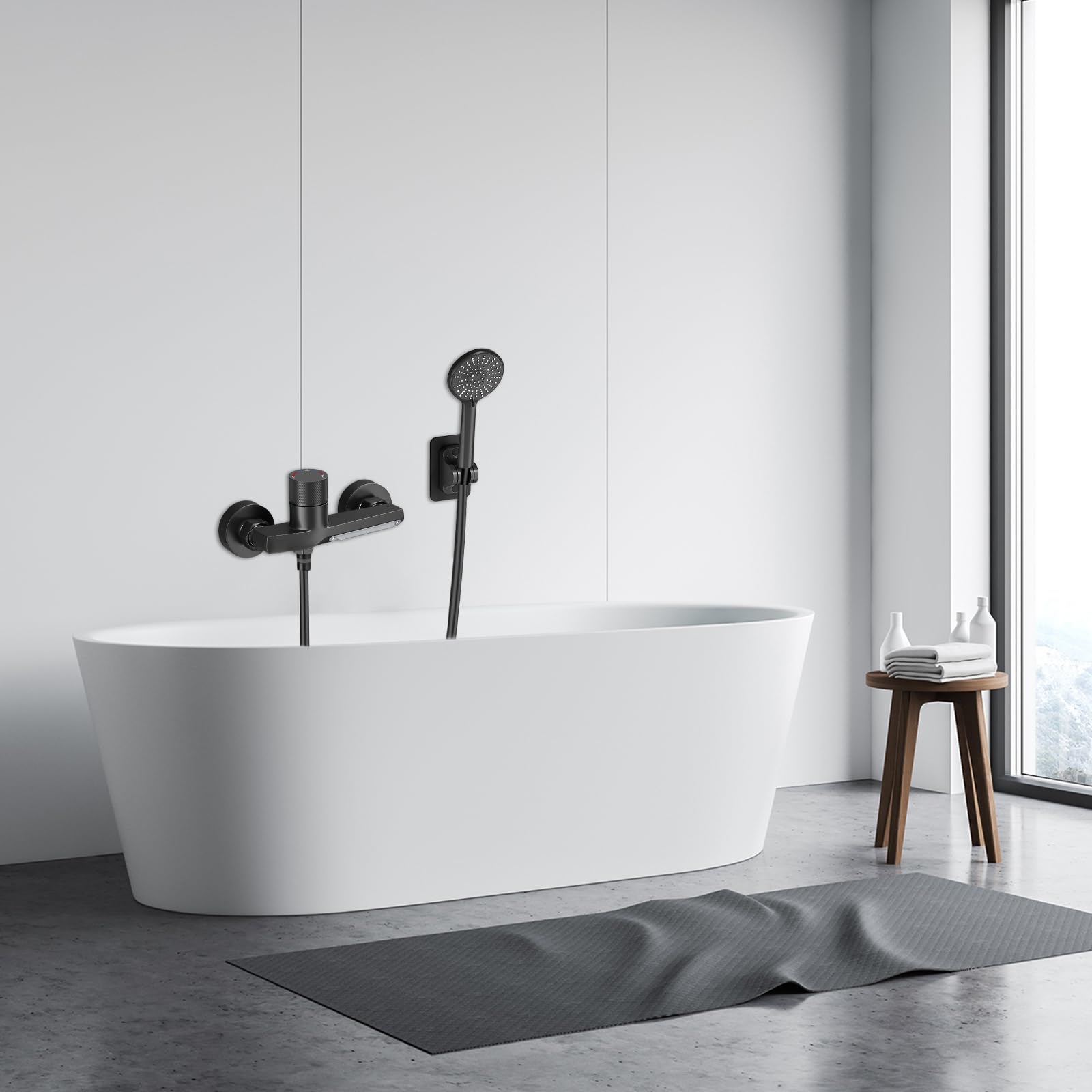 Grifo Bañera Negro en Cascada, Grifo Mural de Latón para Ducha y Baño, con Ducha de Mano de 3 Modos, Mezclador Monomando para Bañera Universal 1/2" Salida Inferior, con Soporte y Manguera de 1,5 m