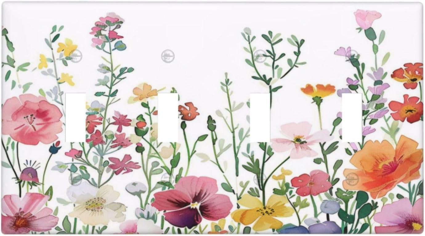 Boho Colorful Flowering Plant Butterfly Quad Toggle Light Switch Covers Decorative 4 Gang Wall Plates Cover 4 Hole Electrical Device Switchplates Faceplate for Country Bathroom Decor