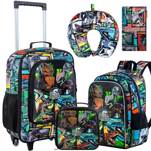 5Pcs Kids Luggage for Boys, Dinosaur Rolling Travel Carry on Suitcase for Toddler Children with Wheels(Black)