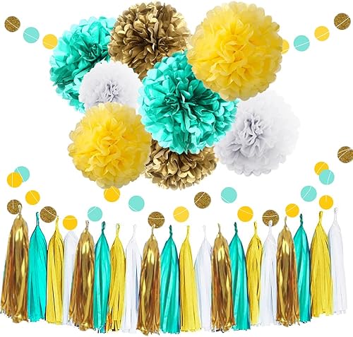 Pompones de papel de seda amarillo verde de la suerte con flores doradas, guirnalda de papel de lunares para el día de San Patricio, cumpleaños,