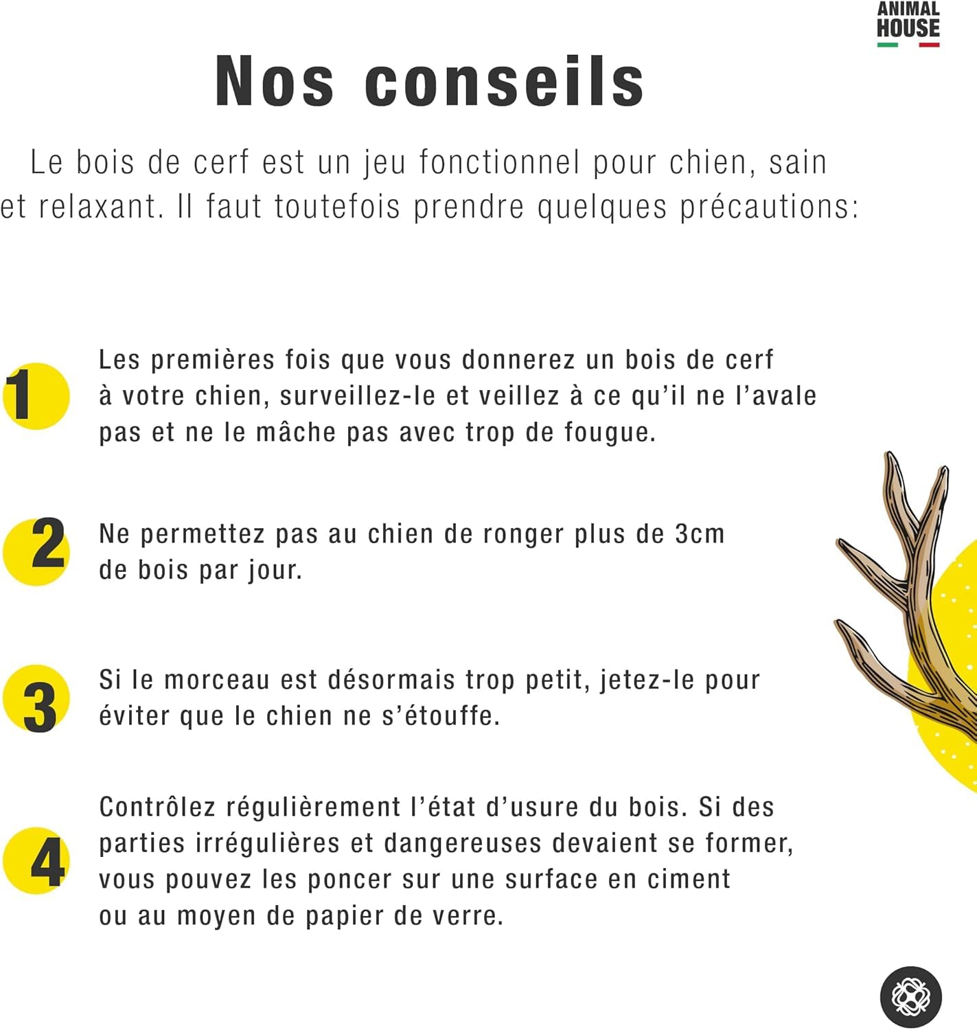 Animal House 4 pièces de Bois de cerf Entier pour Chien, à mâcher 100% Naturel, renforce l'hygiène bucco-Dentaire, résistant et Durable, Disponible dans Toutes Les Tailles (4, S)