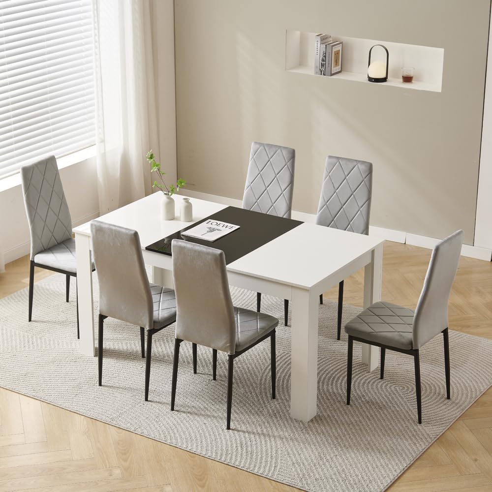 Rainbow Tree 150cm Large Dining Table Set of 6, Modern Dining Table with 6 Grey Velvet Dining Chairs for Dining Room, Kitchen Set for Family Wooden