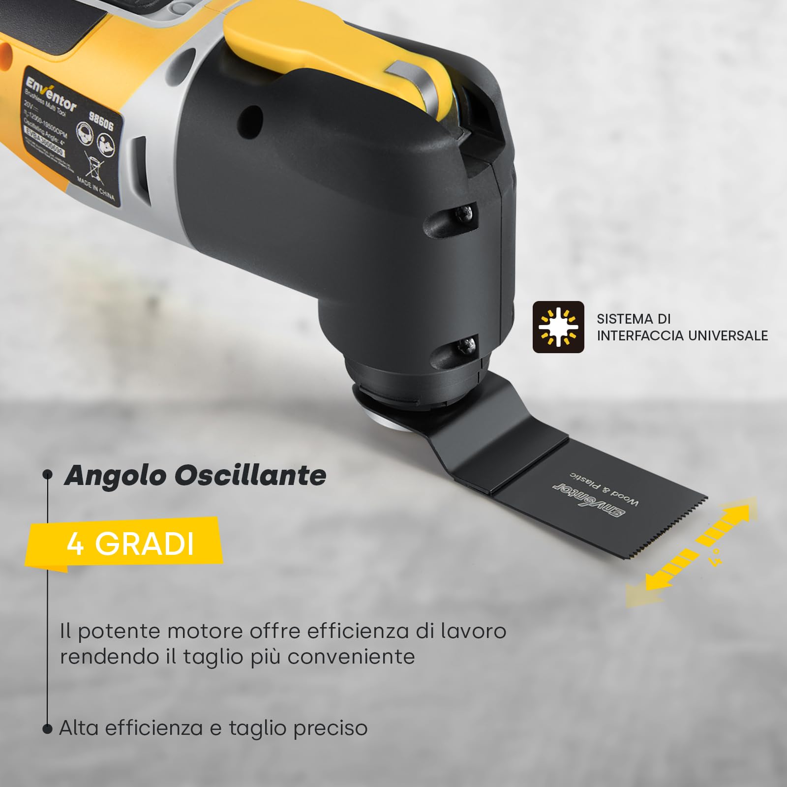 Enventor Utensile Multifunzione Oscillante a Batteria da 20V Brushless, 12000-19500RPM, 6 Velocità Regolabili, 4° Angolo di Oscillazione, 28 Accessori, Per Raschiatura, Taglio, Lucidatura