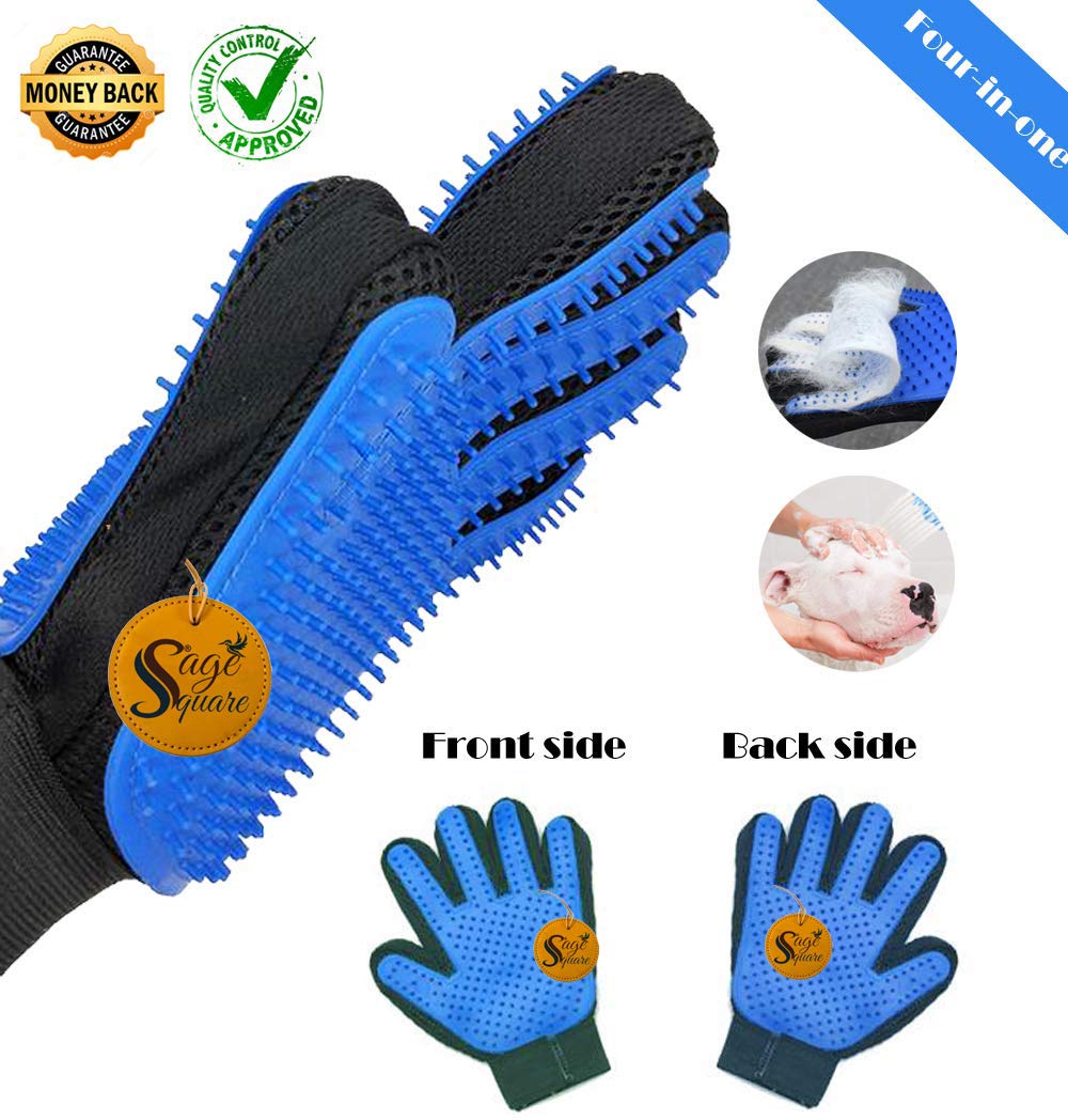 Sage Square Double Side Bristle Pet Hair Remover Enhanced 5 Finger Design Gentle Deshedding Brush Gloves for Dog and Cat with Long and Short Fur (Multicolour)