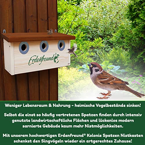 ERDENFREUND® Spatzen Nistkasten Marder-/Katzenschutz räubersicherer Brutkasten für Vögel pickfester Metall-Spechtschutz rostfrei 3er Spatzenhaus 34 mm (Kolonie Nistkasten Sperling 3 Nisträume)