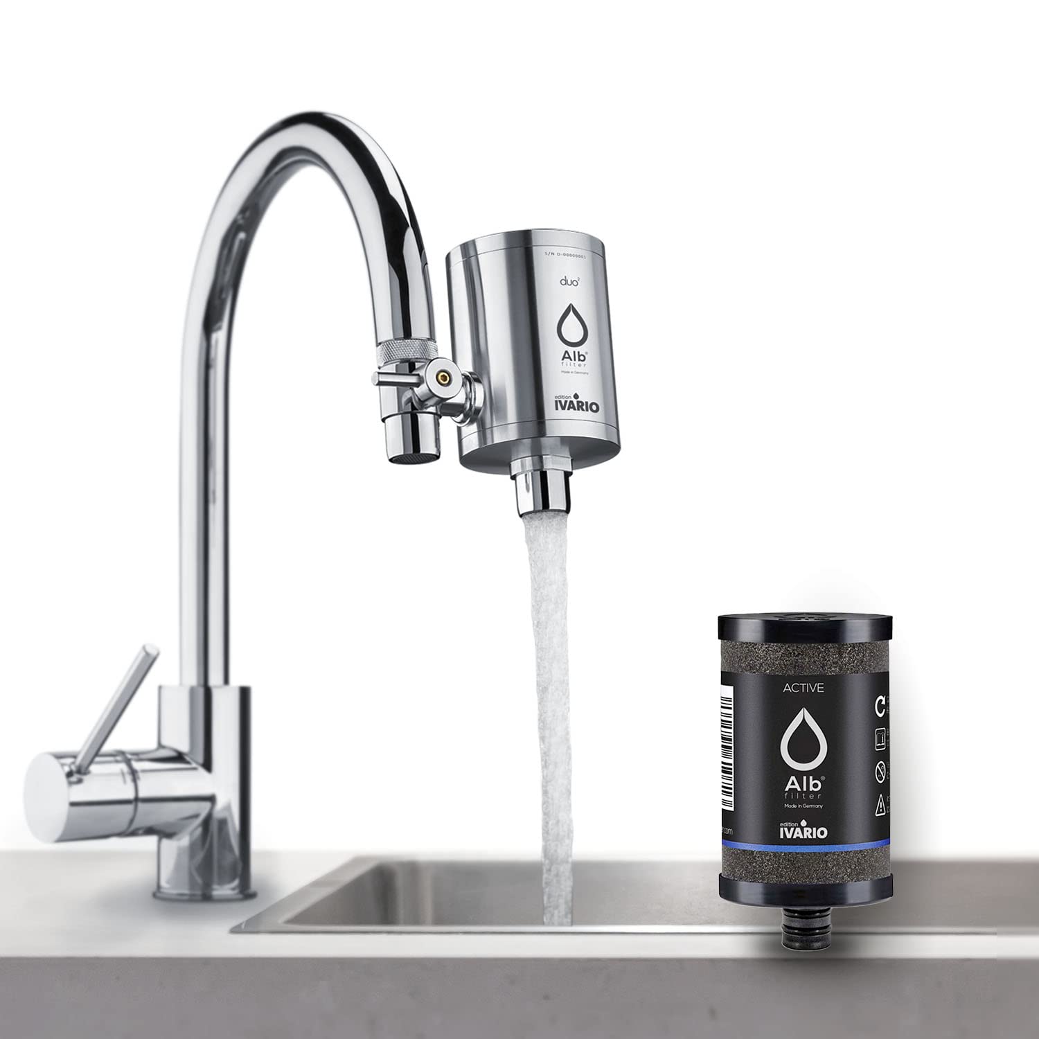 IVARIO x Alb-Wasserfilter für Wasserhahn | Für besseres Leitungswasser, bewährte Alb-Aktivkohle-Technologie, Trinkwasserfilter aus Edelstahl