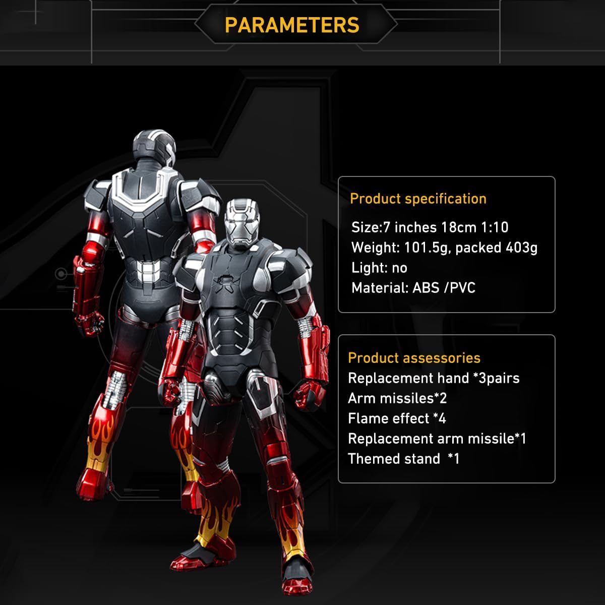 Image detailing product specifications and accessories for Iron Man MK22 figure