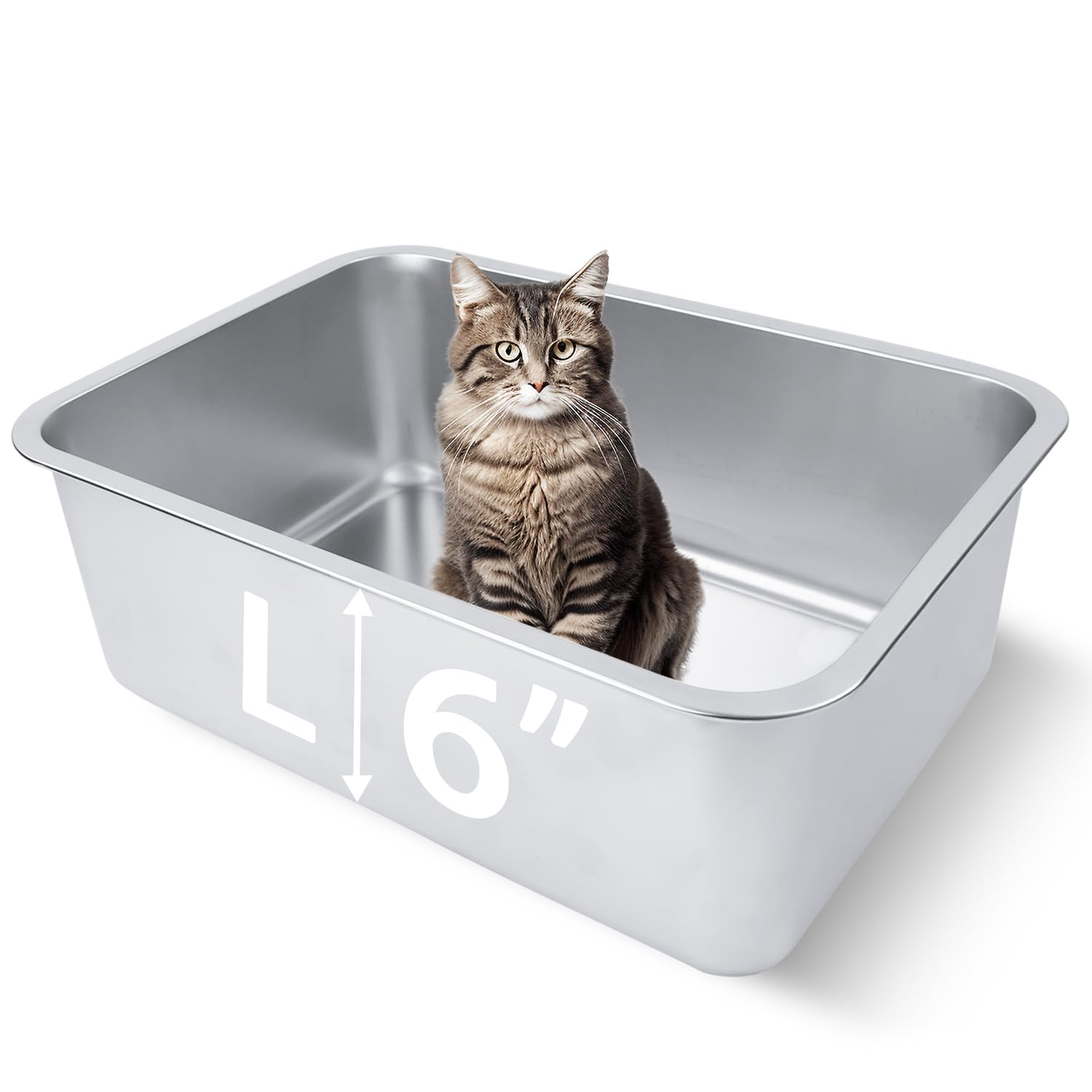 Stainless Steel Cat Litter Box for Adult Cats or Kitty/Kitten 18"x14"x6" Rust-Proof, High Side, Non Stick, No Smell, Easy to Clean Metal Cat Litter Box