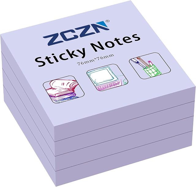 ZCZN 76 x 76 mm Sticky Notes, 100 Sheets/Pad, 4 Pads, Light Purple