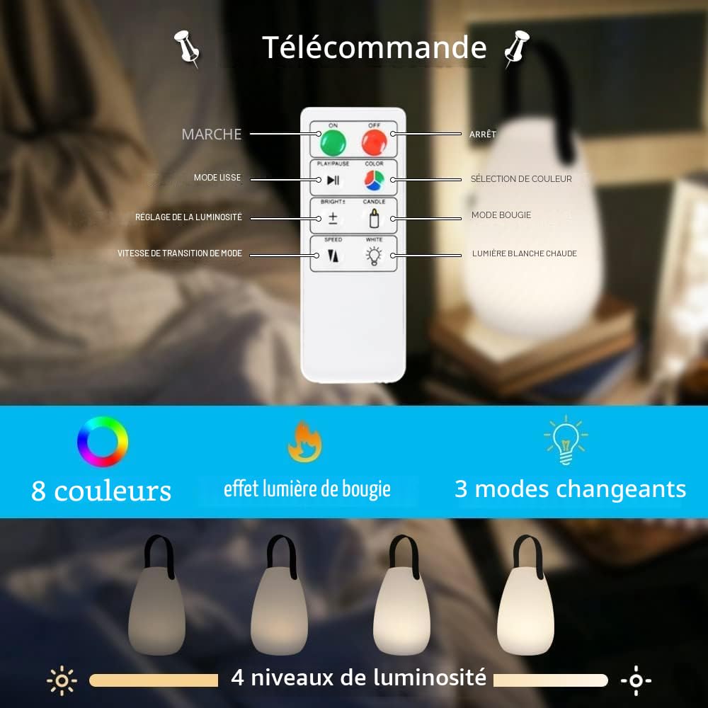 FUYO Lampe de Table Extérieure Rechargeable LED 8 Couleurs Dimmable Lampe de Table Sans Fil avec Télécommande, 4 Niveaux d'intensité Variable, IP44 étanche pour Chambre Jardin Patio