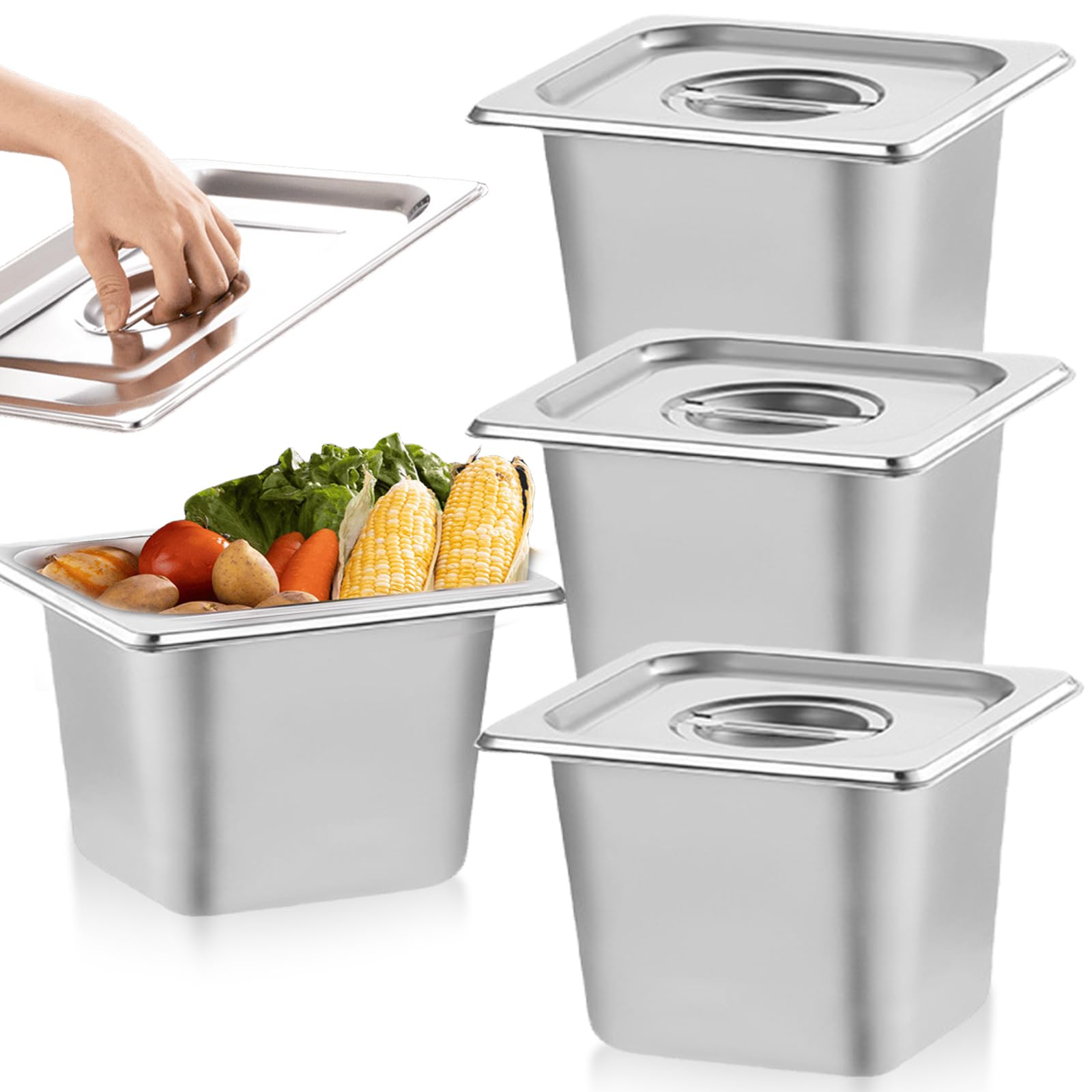 3 recipientes gastronorm de acero inoxidable con tapa, recipiente GN 1/6, tamaño 17,5 x 16,5 x 10 cm, 3 piezas, apilables, para carne, pescado, verduras