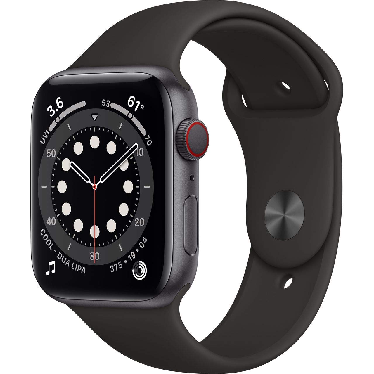 Apple Watch Series 6 GPS + Cellular, 44mm Space Grey Aluminium Case with Black Sport Band - Regular