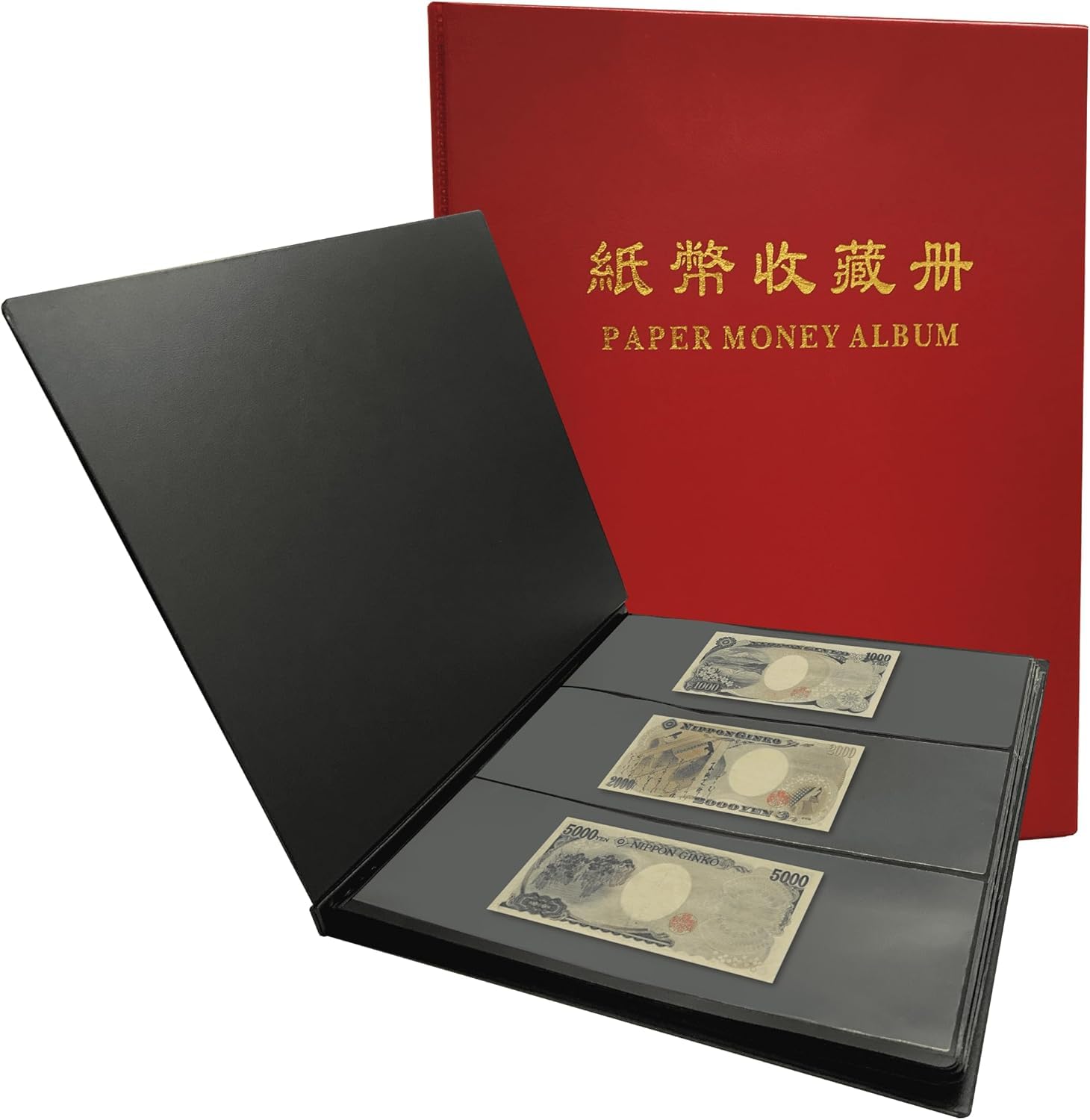 Álbum de almacenamiento de billetes con hojas de fondo negro y 60 ranuras