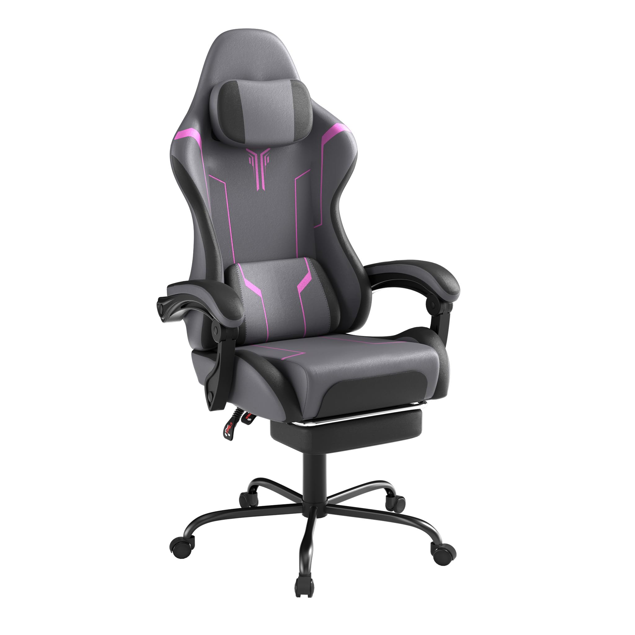 YHome Sedia da gaming da ufficio, regolabile in altezza, con cuscino, cuscino lombare, poggiapiedi e braccioli, ergonomica, superficie in tessuto vellutato (nero+grigio+viola)