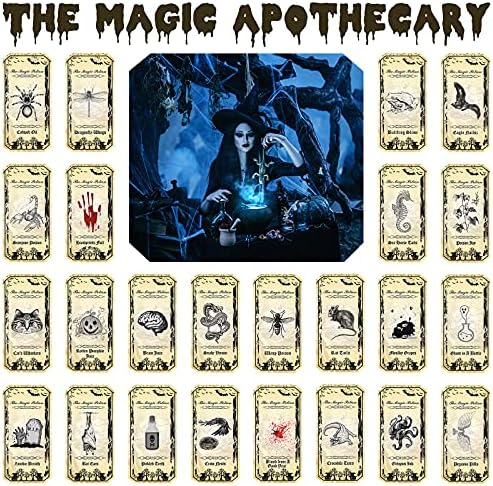 120 Pieces Halloween Apothecary Bottle Labels Halloween Bottle Labels 24 Styles Halloween Glassy Bottle Labels, 1.5 x 3 Inch Potion Bottle Laminated Stickers Halloween Decoration for Bottles and Jars