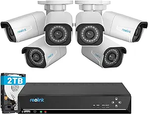 REOLINK 4K Security Camera System, 6pcs H.265 PoE Wired Bullet 4K Cameras with Person Vehicle Detection, 4K/8CH NVR Recorder with 2TB HDD for 24-7 Recording, RLK8-800B6