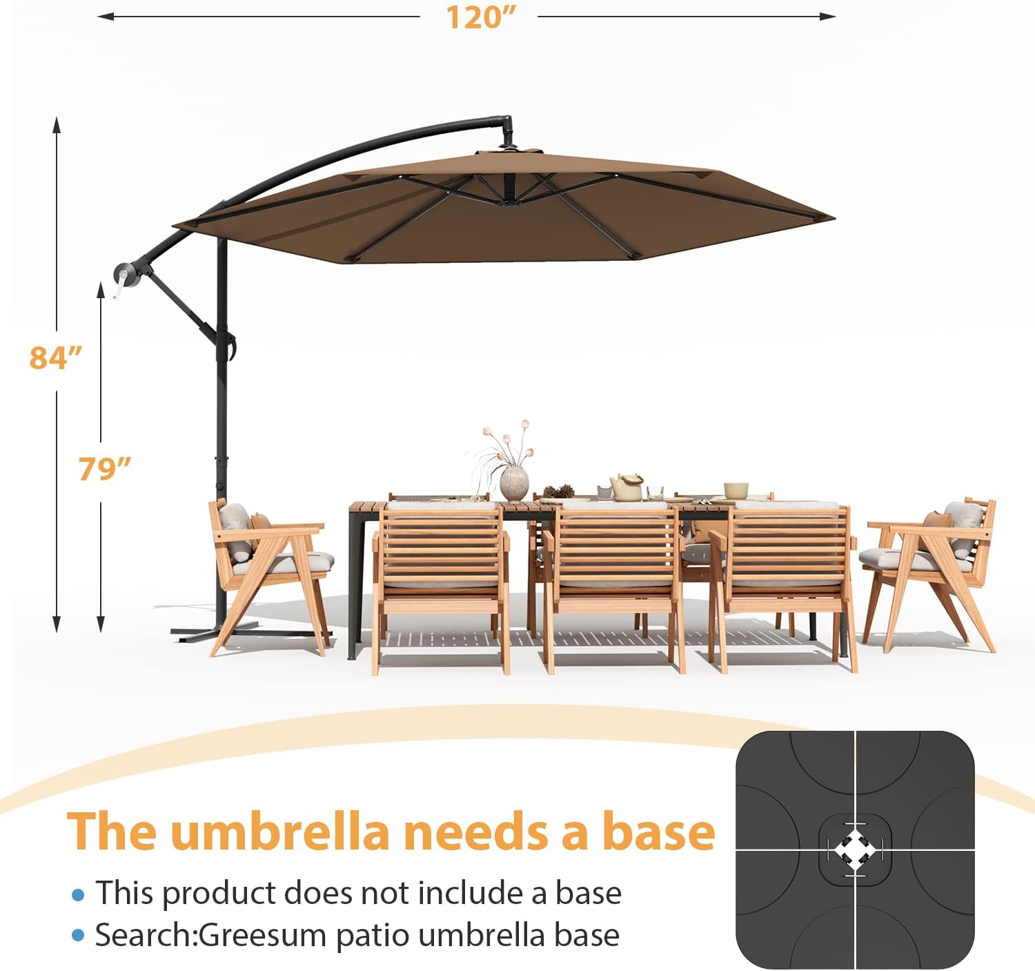Greesum 10FT Offset Patio Umbrella with 6 Ribs, Outdoor Market Hanging Umbrella with Crank and Easy Tilt, for Garden, Lawn, Backyard & Pool, Without Base, Brown