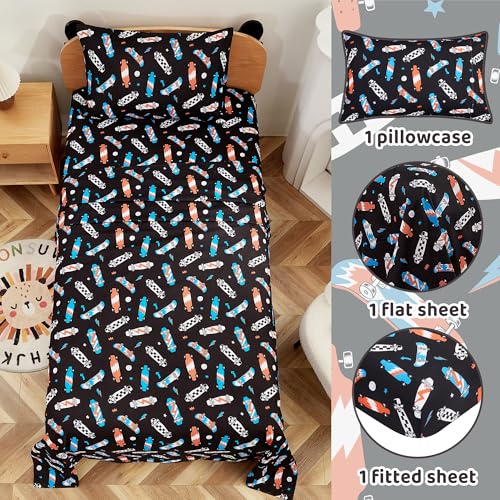 Image of Viviland 3 Pieces Boys Black Twin Sheet Set - Soft Microfiber Fitted Flat Sheets & Pillowcase Bed Sheet Set - Cool Skateboard Bedding Sets for Kids