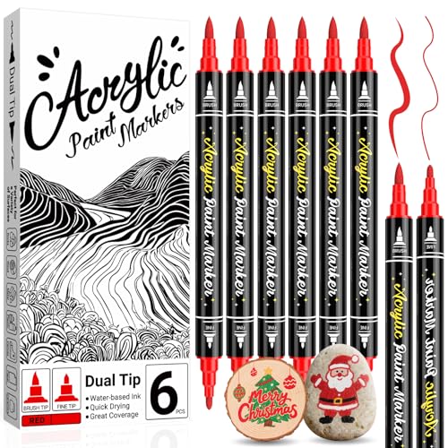 AKARUED Red Paint Marker for Rocks: 6 Pack Red Acrylic Paint Pen Dual Tip (Fine & brush) Non-Toxic Water Based Acrylic Markers for Wood Painting Plastic Metal Stone DIY Crafts